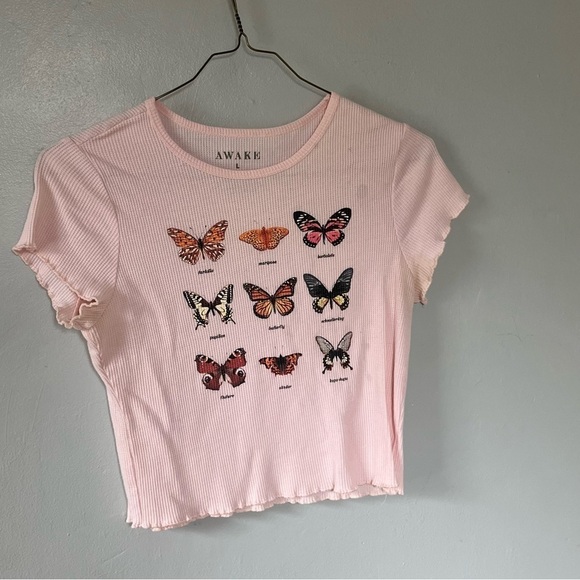 Awake Butterfly Short Sleeve Crop Top Pink Large - Picture 2 of 8